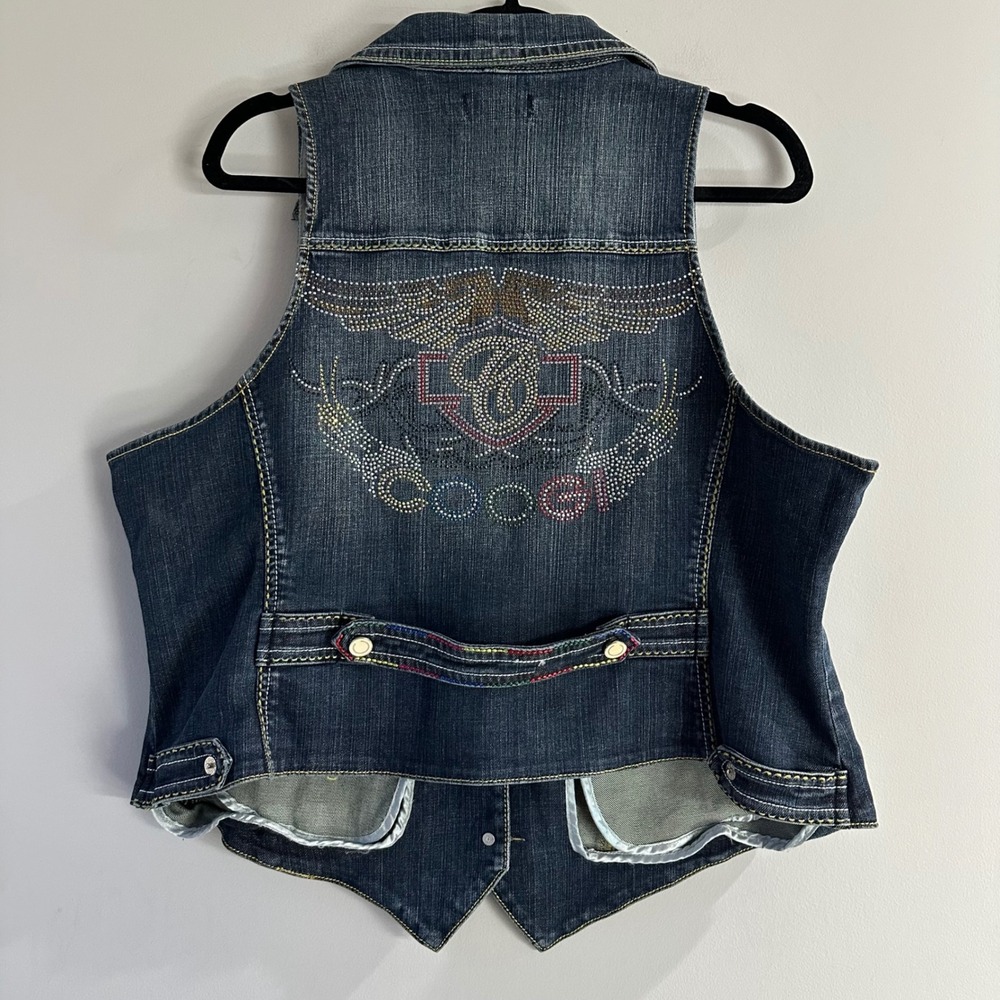 Coogi Couture Denim Vest Womens 1X Blue Excellent Rhinestone Y2K Streetwear